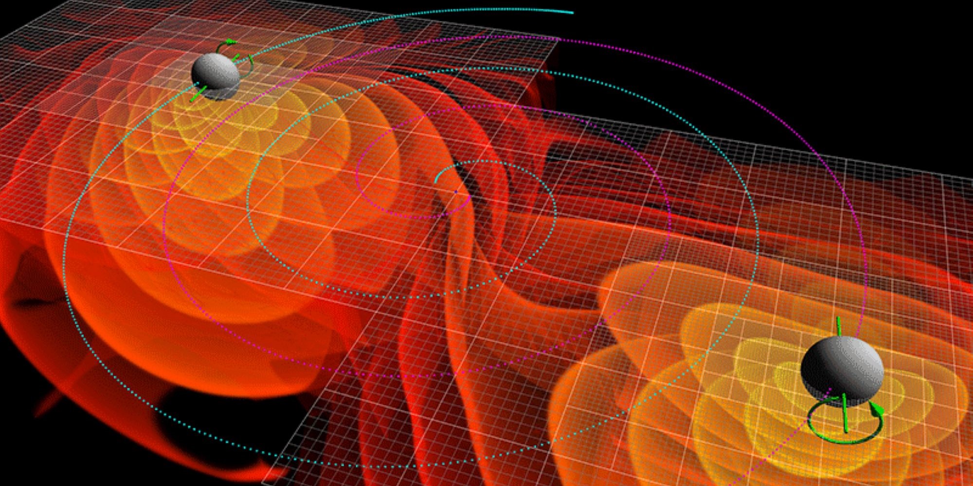 Two merging black holes generating gravitational waves, artist representation