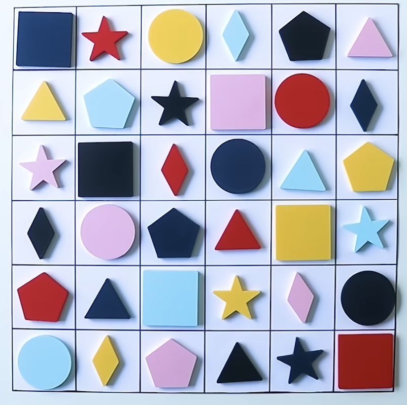 A six by six grid with six shapes (square, circle, star, diamond, pentagon and triangle) and six colors (blue, red, yellow, light blue, black, and pink) tries to place each color and shape only once per row and column.